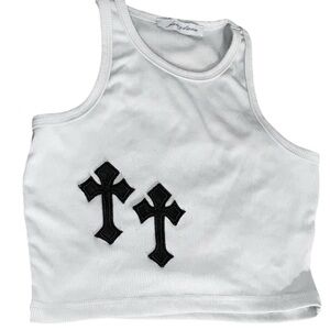 Fancy Dream Ribbed Crop Sleeveless Mist Gray Top With Cross Details